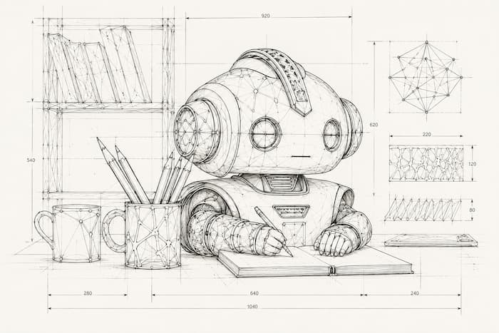 Illustration d'un robot esquissant à la main, entouré de croquis techniques