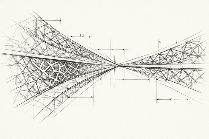 Structure tensegrity en convergence illustrant le harness comme point de focalisation d'un agent IA