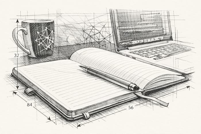 Carnet ouvert, stylo et laptop — l'espace de travail du praticien
